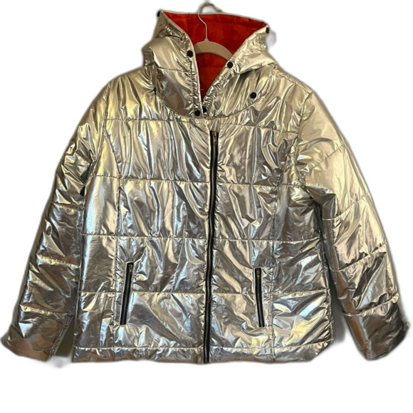 SHEIN Metallic Silver Faux Fur Collar Puffer Jacket - Picture 3 of 6